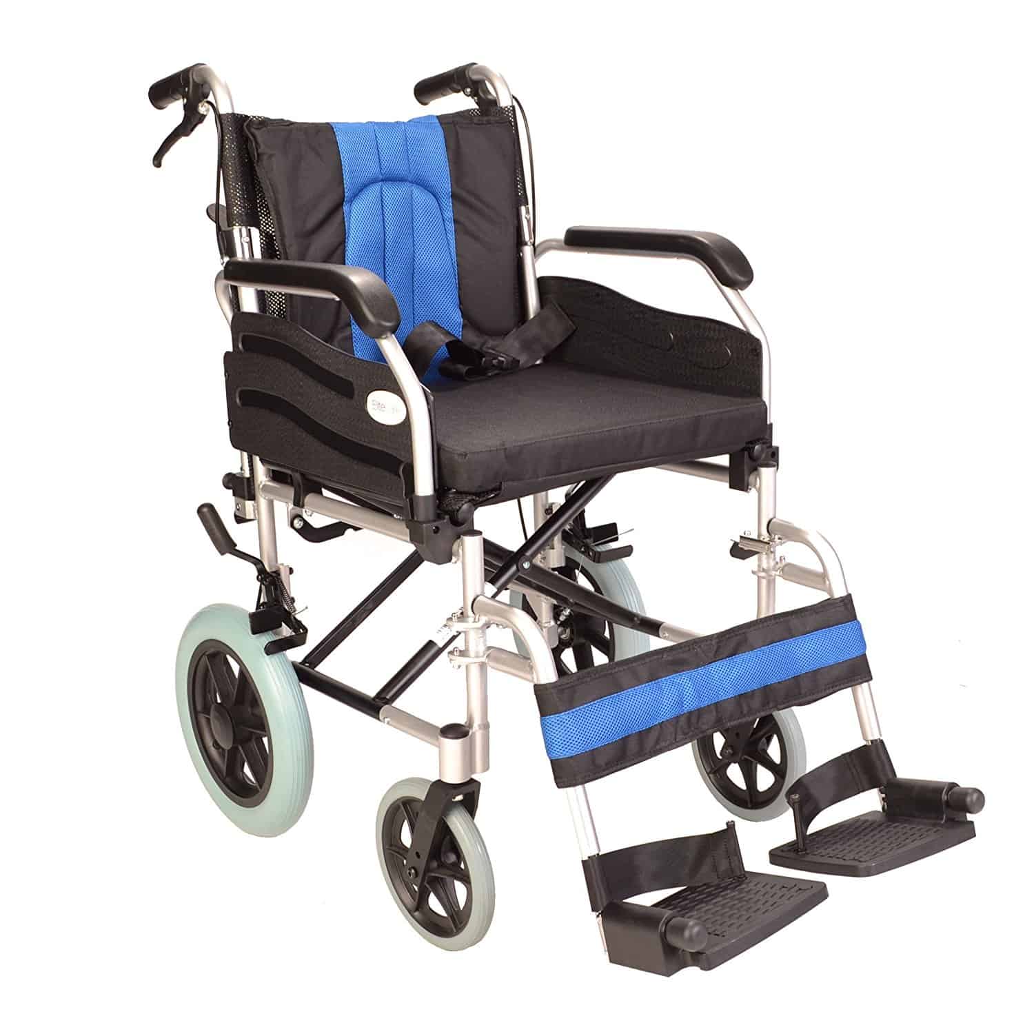 Lightweight folding deluxe aluminium transit wheelchair with handbrakes